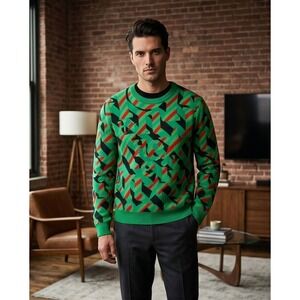 Heineken Mens L Geometric Graphic Knit Crewneck Sweater Green Red Black Large